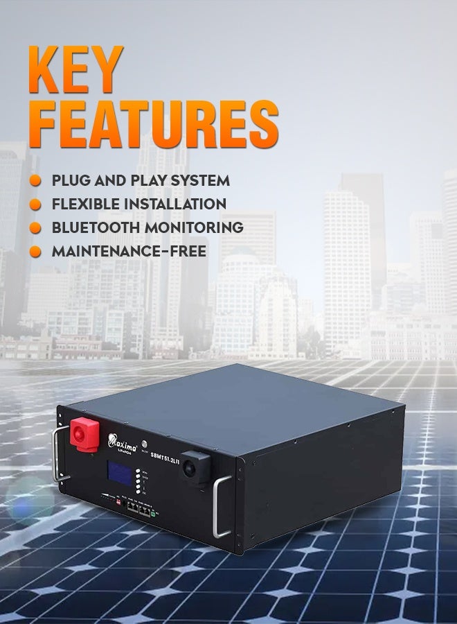 Maxima lithium battery with 51.2V /100Ah capacity, ideal for solar and energy storage applications, featuring integrated BMS and designed for a 20-year operational life. Lithium Batteries for solar. - Image 3